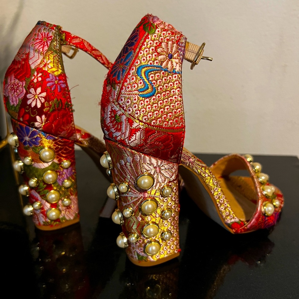 Red Dressy Platform Square Heel Wedge Pearl Chinese Print Sandal